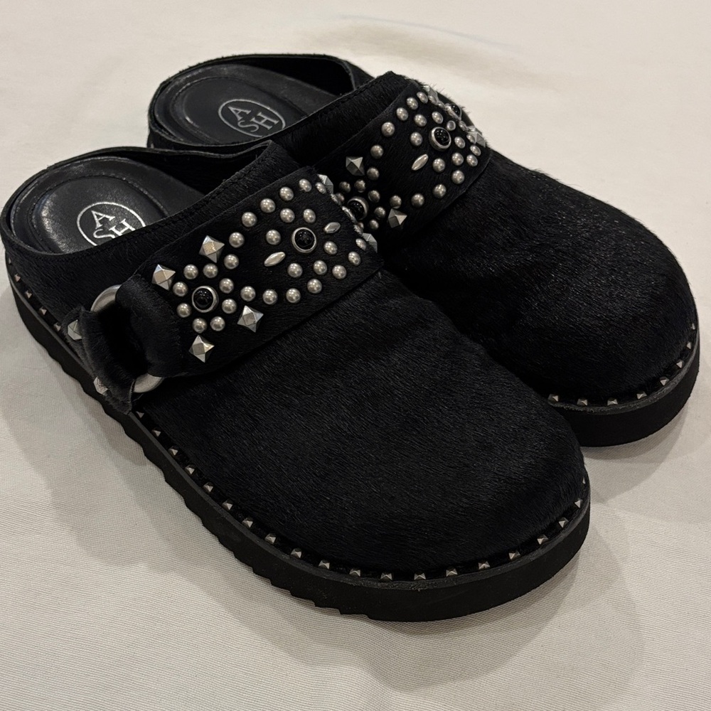 Ash Glen Black Studded Mules Clogs Fur and Leather